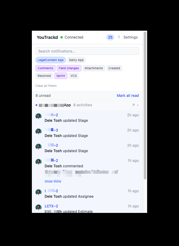 Filter bar with project chips and type toggles